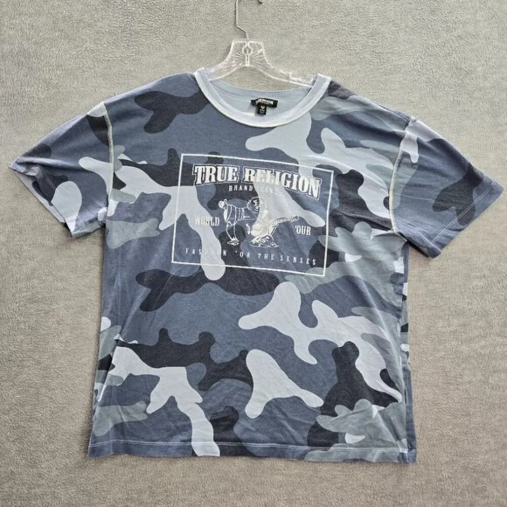 True Religion Men Shirt M Blue Drop Shoulder Camouflage Buddha Guitar Tee READ‎